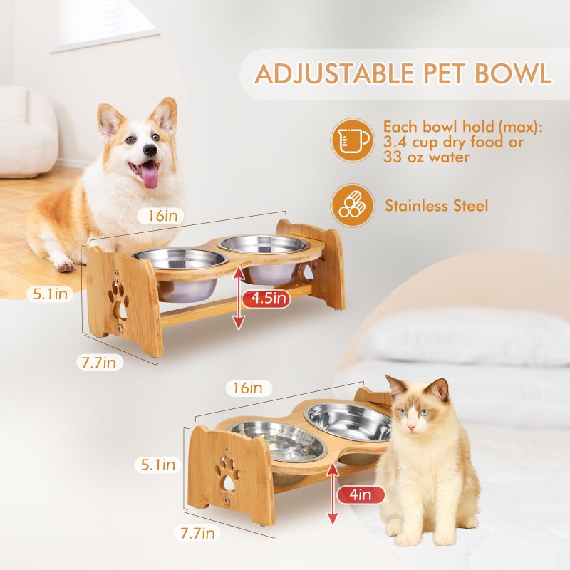 X-ZONE PET Elevated Dog Bowls for Cats and Dogs, Adjustable Bamboo Raised Dog Bowls for Small Dog, Food and Water Set Stand Feeder with 2 Stainless Steel Bowls and Anti Slip Feet (Height 4" to 4.5") - Image 2